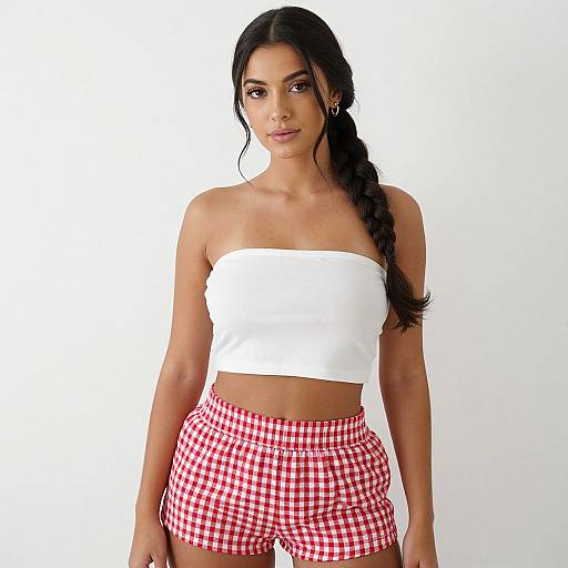 Photograph of a young woman with long black hair in a braid, wearing a white strapless top and red checkered shorts, standing against a