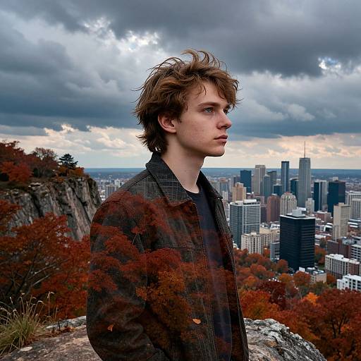 Young man with tousled brown hair, wearing dark plaid jacket, stands on rocky overlook with autumn trees, overlooking city skyline under dramatic cloudy sky.