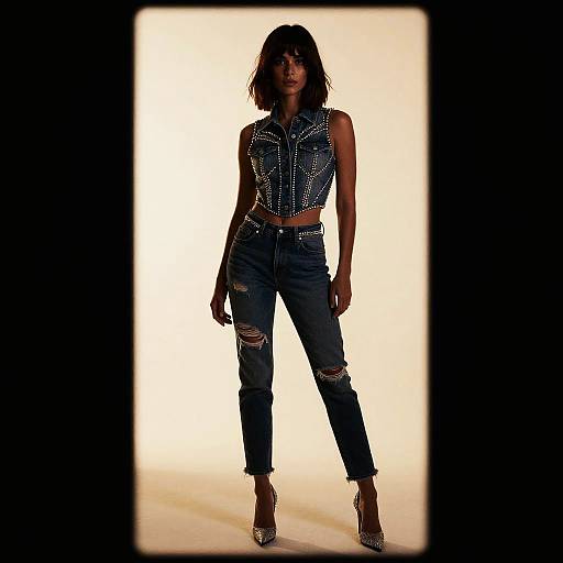Stylish Woman in Denim and Diamonds Outfit