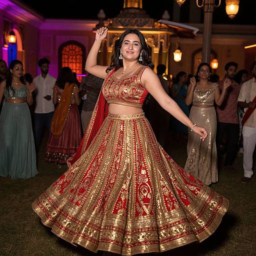 Photograph of a smiling woman in a red and gold traditional lehenga, dancing at a nighttime event with colorful lights and onlookers.