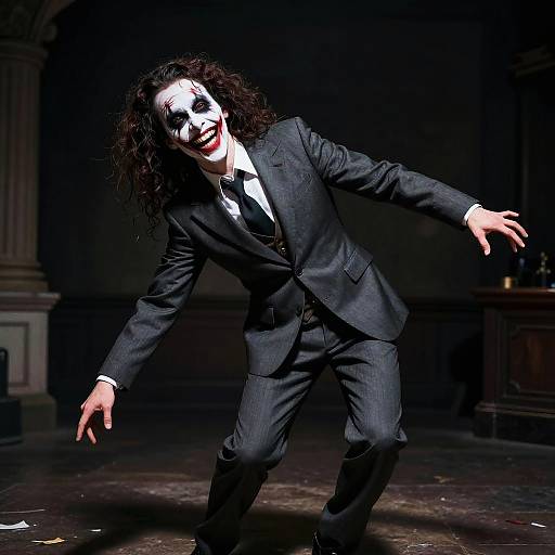 Photograph of a man with white-painted face, red lipstick, curly black hair, and black suit, dancing dramatically on a dark stage.