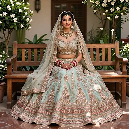 Photograph of a South Asian bride in a gold and turquoise lehenga with intricate embroidery, sitting on a wooden bench, surrounded by white flowers and green
