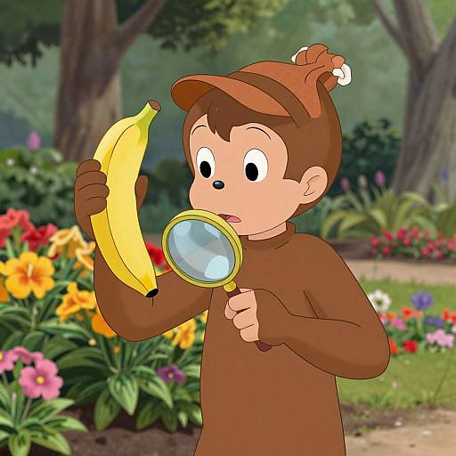Cartoon boy in brown monkey costume holds banana with magnifying glass, garden background with colorful flowers and trees. Digital art.