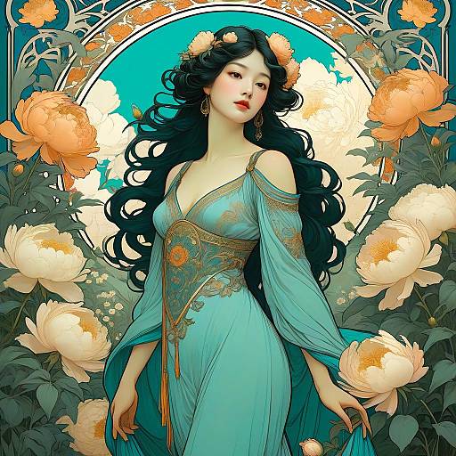 Art Nouveau Woman in Peony Garden