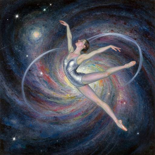 Digital painting of a ballet dancer in a silver leotard, floating in a swirling, colorful galaxy with stars and nebulae.