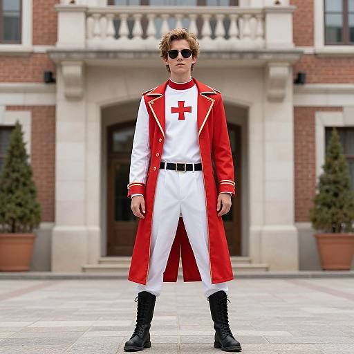 Photograph of a curly-haired man in red and white nurse costume with black boots and sunglasses, standing in front of a brick building with potted plants