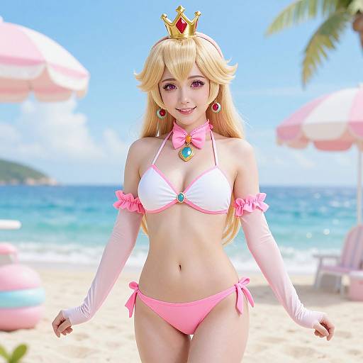 CGI image of Princess Peach in a pink and white bikini, crown, earrings, and gloves, smiling on a sunny beach with umbrellas.