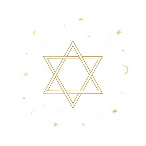 Digital illustration of a golden Star of David with overlapping lines, surrounded by small golden stars and a crescent moon on a white background.