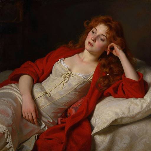 Woman Reclining in Red Shawl and Cream Corset