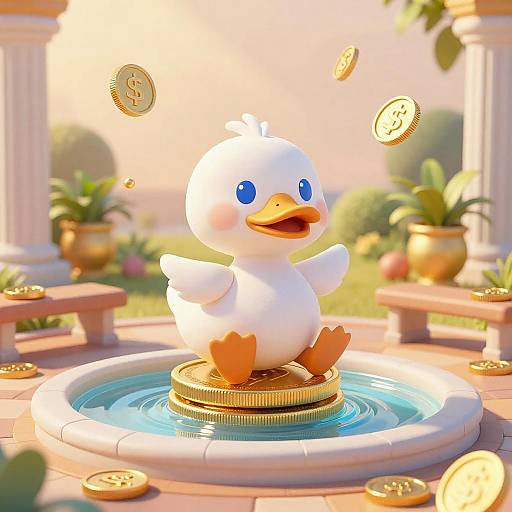 Cheerful Duck on Golden Coin Fountain
