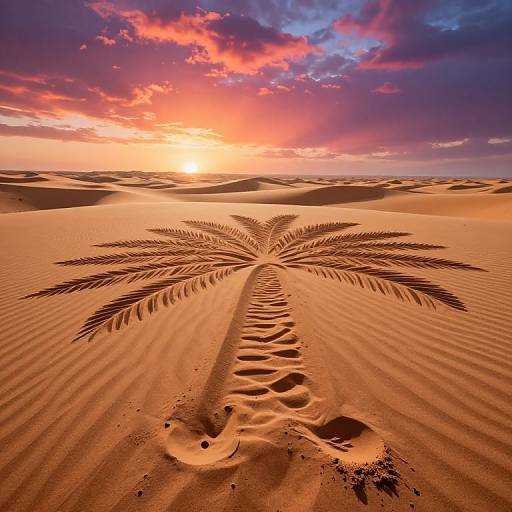 Photograph of a solitary palm tree imprint in golden sand dunes at sunset, with vibrant pink, orange, and purple clouds.