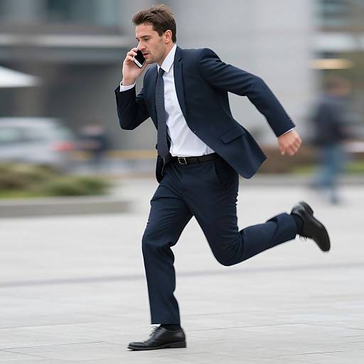 Photograph of a young, brown-haired man in a navy suit, white shirt, and black tie, running while talking on a smartphone in an urban