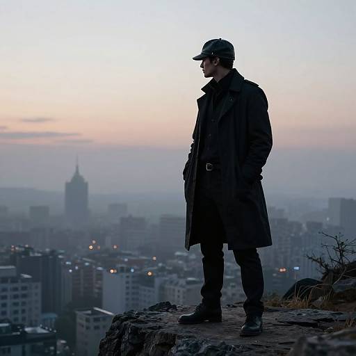 Photograph of a silhouetted man in a long black coat and cap, standing on a rocky ledge, gazing at a foggy,