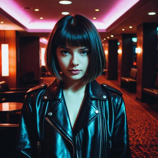 Young Woman with Graduated Bob Hairstyle in Leather Jacket
