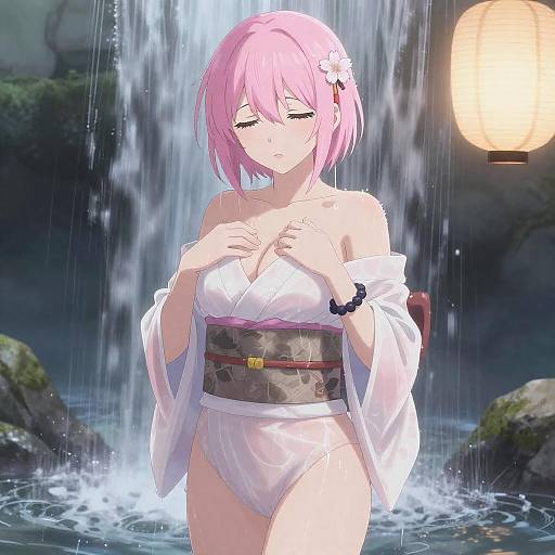 Ethereal Ecchi Shrine Maiden Under Cascading Waterfall