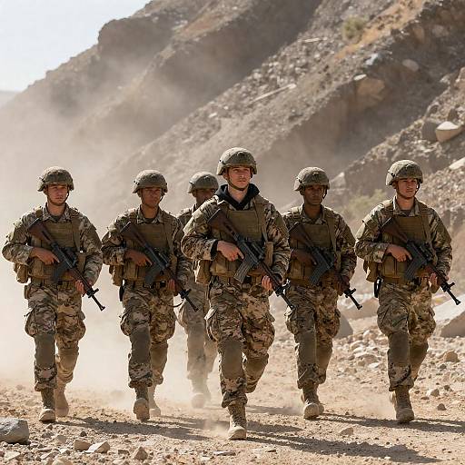 Group of Soldiers Walking in Rocky Terrain