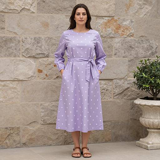 Woman in Light Purple Dress Standing by Stone Wall