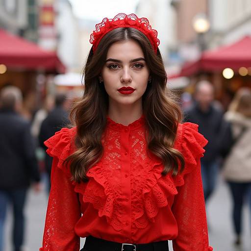 Fashionable woman in red lace blouse on city street