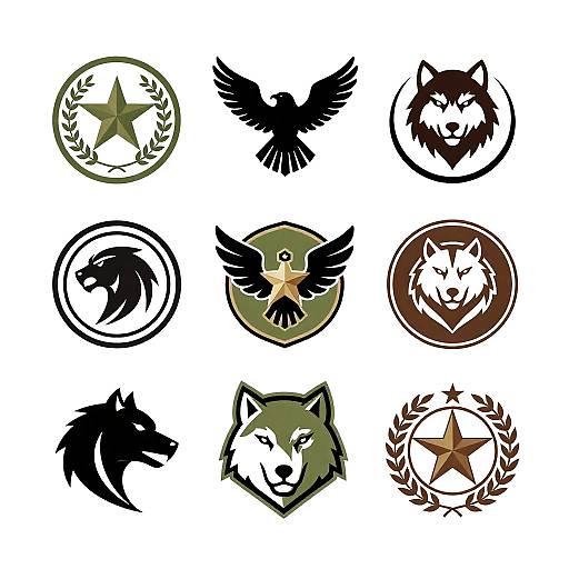 Digital illustration of nine wolf and eagle-themed logos in circular designs, featuring stars, laurel wreaths, and varied color schemes.
