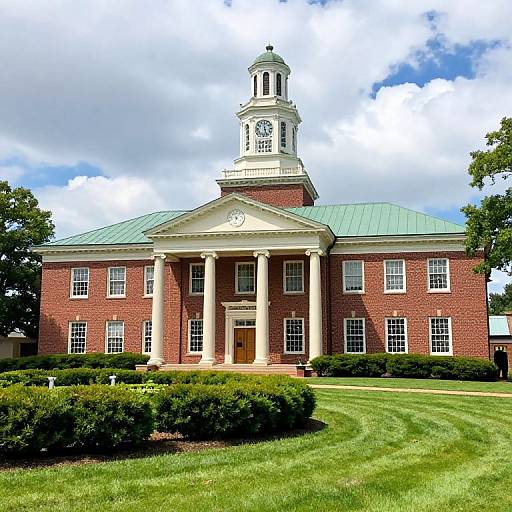 Photograph of a grand, red-brick courthouse with a green metal roof, white columns, and a tall clock tower, set against a bright,