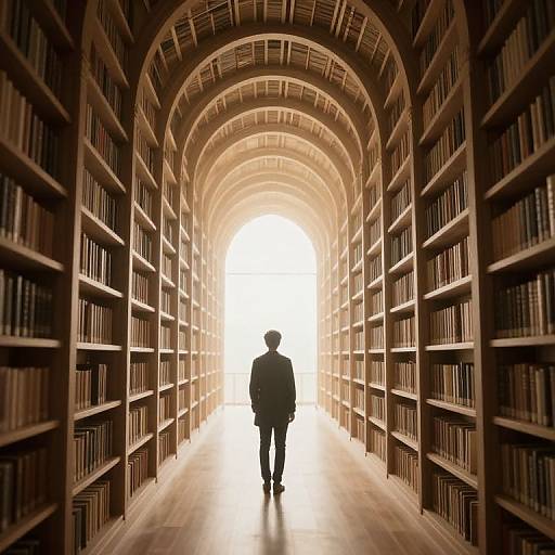 Photograph of a silhouetted man walking down a long, arched library aisle filled with rows of bookshelves, leading to a bright