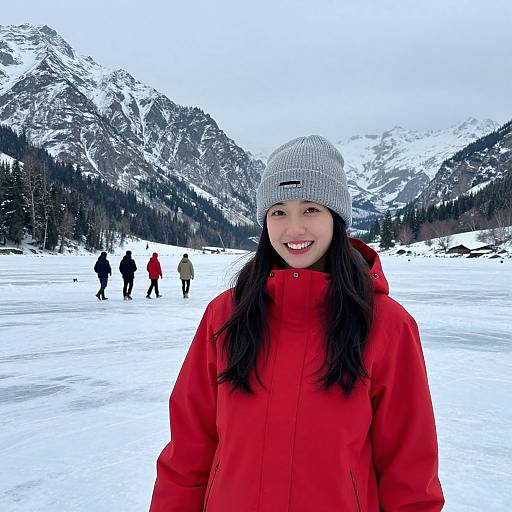 Photograph of an Asian woman with long black hair, wearing a gray knit beanie and red winter coat, smiling in a snowy mountain landscape with four