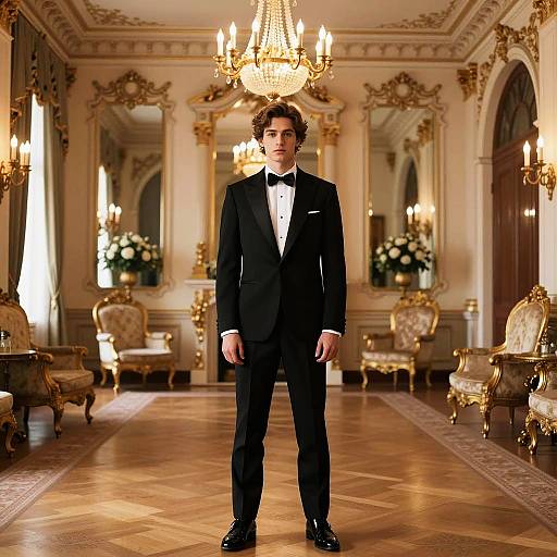 Young Man in Black Tuxedo in Luxurious Ballroom