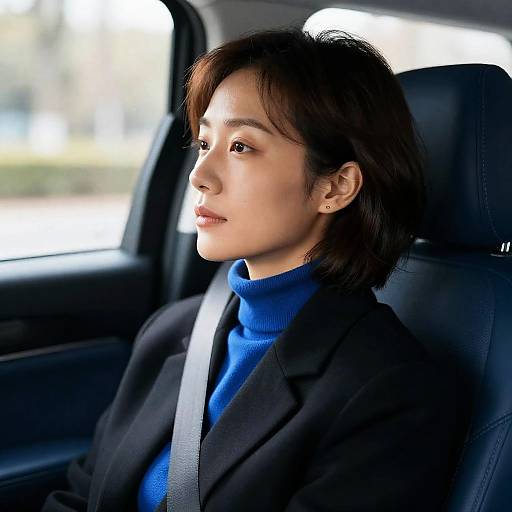 Asian Woman in Car with Calm Expression