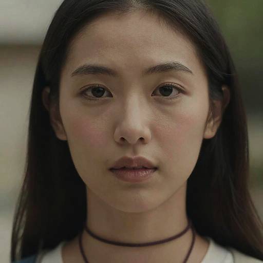 Photograph of an Asian woman with long black hair, fair skin, and brown eyes, wearing a black choker, against a blurred outdoor background.