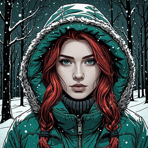 Woman with Red Hair in Winter Gear in Snowy Forest