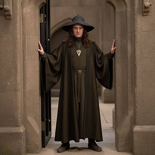 Photograph of a young woman with long brown hair, wearing a black wizard robe, wide-brimmed hat, and gold pendant, standing in a