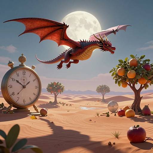 Digital art of a red dragon flying above a desert with orange trees, clock, and fruit, under a bright full moon.
