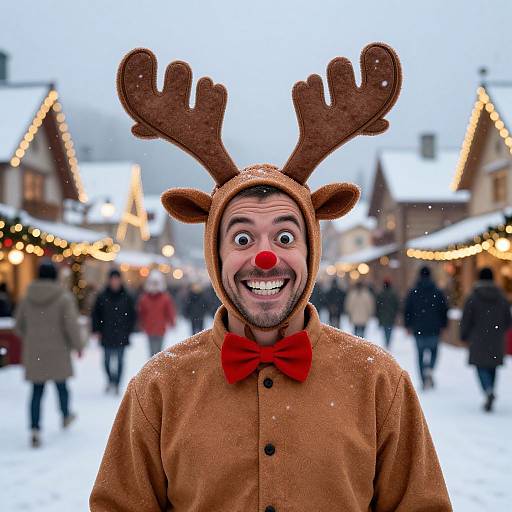 Photograph of a man with a reindeer costume, red nose, and bowtie, smiling in a snowy Christmas market with blurred festive lights and people
