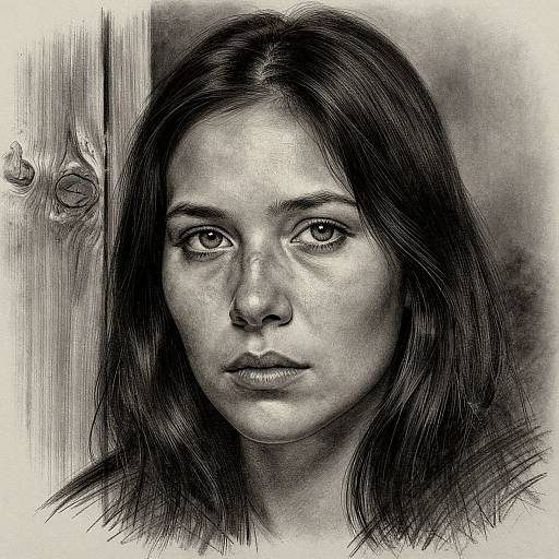 Monochromatic pencil drawing of a young woman with long, dark hair, intense eyes, and a neutral expression, standing in front of a wooden door