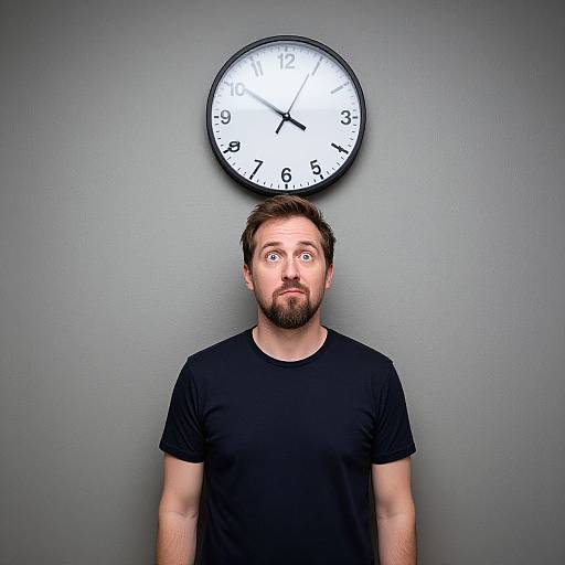 Photograph of a bearded man with wide eyes, wearing a black t-shirt, staring at a clock showing 11:10 on a gray wall