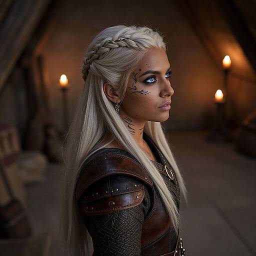 Digital artwork of a blonde woman with braided hair, blue eyes, and intricate facial tattoos, wearing medieval armor in a dimly lit, candlelit