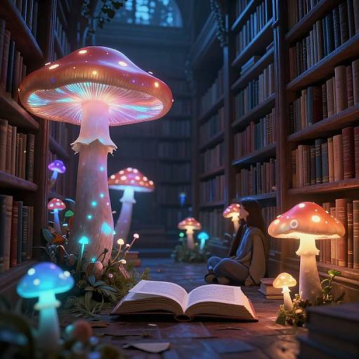 Surreal Library of Luminous Mushrooms