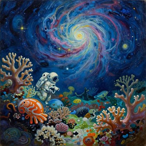 Vibrant digital painting of a cosmic underwater scene featuring a white astronaut among colorful corals, fish, and a swirling, glowing galaxy in a dark