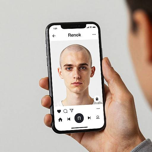Photograph of a hand holding a smartphone displaying a bald, fair-skinned man's face on a Renok app with white background. Blurred partial
