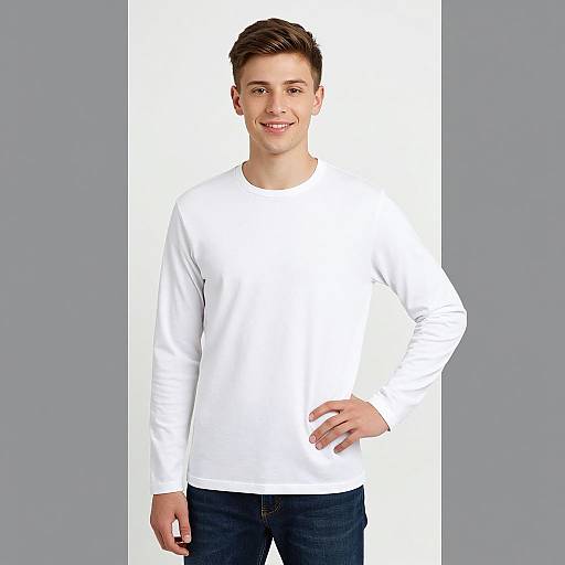 Photograph of a young man with short brown hair, smiling, wearing a white long-sleeve shirt and dark jeans, against a plain gray background