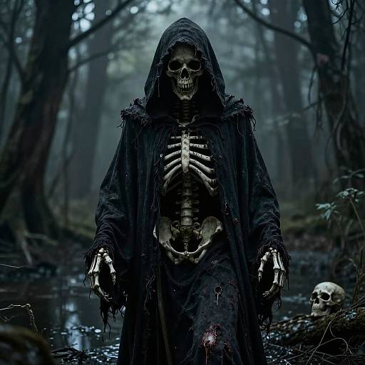 Photograph of a skeletal figure in a tattered black hooded cloak, standing in a dark, misty forest with a second skull on the ground