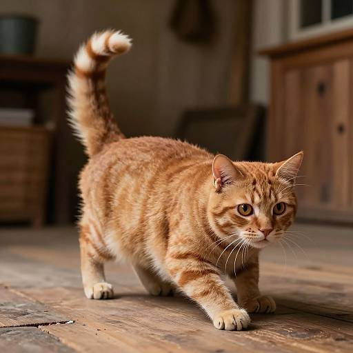 Photograph of an orange tabby cat with white-tipped tail, walking on a wooden floor in a dimly lit room, looking forward with focused