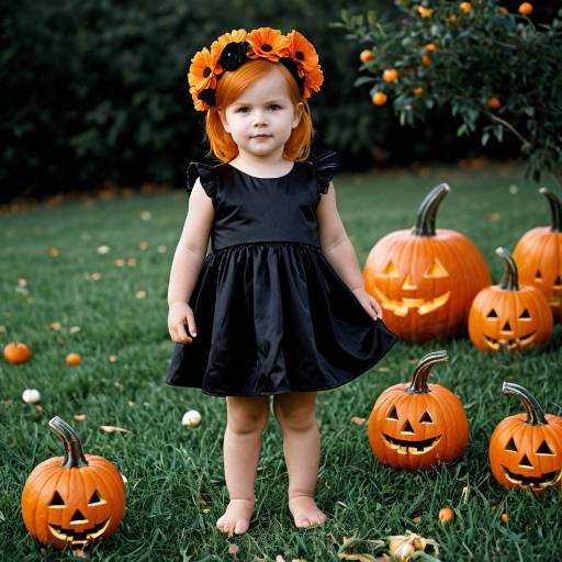 Toddler in Halloween Costume with Pumpkins