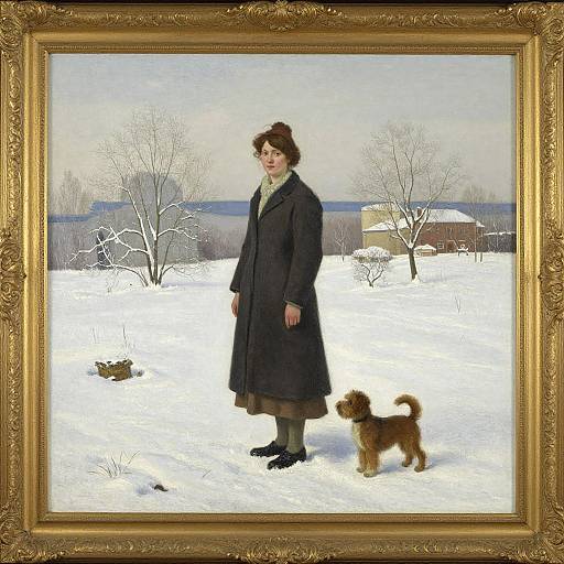 Photograph of a framed Victorian-style painting: a woman in a dark coat and green scarf stands in a snowy field with two dogs, leafless trees