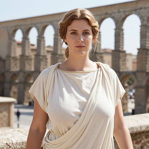 Photograph of a fair-skinned woman with brown hair in an ancient Roman-style white toga, standing in front of a sunlit stone archway
