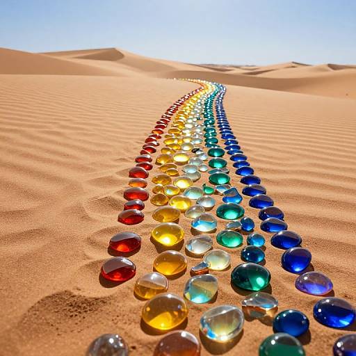 Colorful glass orbs in rainbow hues line a path through golden desert sand dunes under bright blue sky. Photorealistic CGI image.