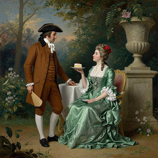 18th-century painting of a gentleman in brown coat and tricorn, offering cake to a seated lady in green gown, by a stone urn.