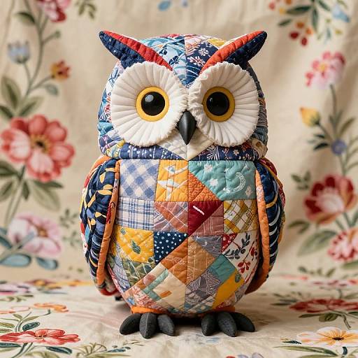 Photograph of a colorful, patchwork owl with large white and black eyes, standing on a floral-patterned background. The owl's body features vibrant