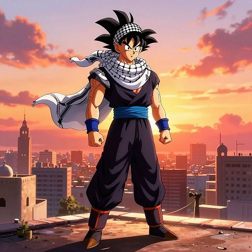 Digital drawing of Super Saiyan Son Goku standing on a rooftop at sunset, wearing a white scarf, black gi, and blue belt, against a city