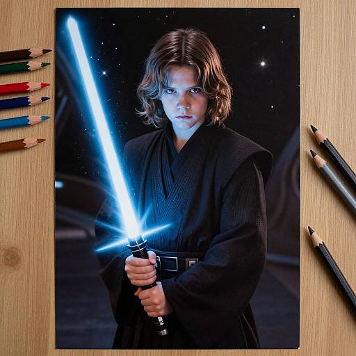 Photograph of a young Han Solo holding a glowing blue lightsaber, framed on a wooden board with colored pencils on the sides.